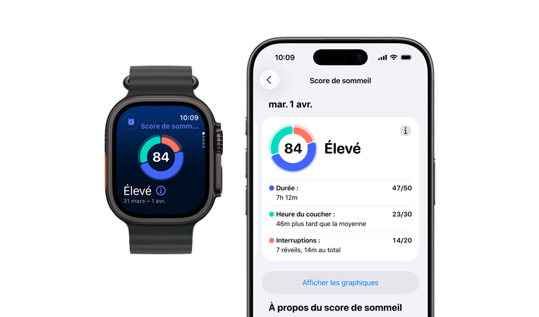 Apple Watch Series 11, boîtier en aluminium, or rose, graphique circulaire et résultat du score de sommeil, côté droit : Digital Crown, bracelet sport rose tendre, analyse complète du sommeil ouverte sur un iPhone jumelé