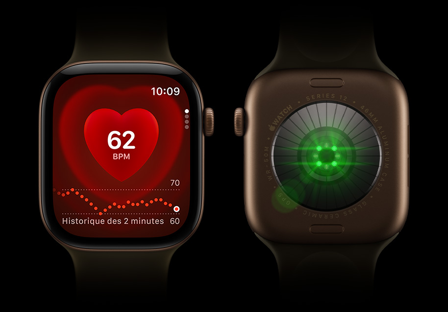 Deux Apple Watch Series 12 côte à côte; vue avant d’une Apple Watch Series 12 à gauche, l’écran affiche le moniteur de fréquence cardiaque; vue arrière d’une Apple Watch Series 12 à droite, lumière verte brillante