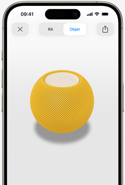 HomePod jaune en RA sur l’écran d’un iPhone.