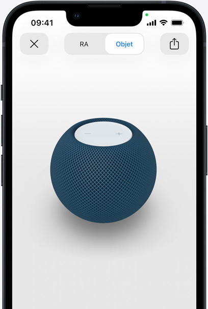 HomePod bleu en RA sur l’écran d’un iPhone.