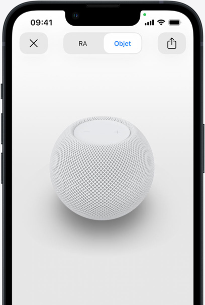HomePod blanc en RA sur l’écran d’un iPhone.