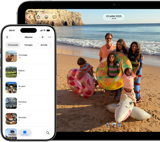 Écran d’un iPhone montrant une liste d’albums photos dans l’onglet Personnels d’Albums, écran d’un iPad montrant une photo plein écran d’une famille à la plage