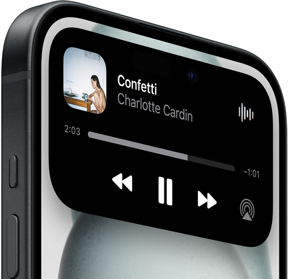 Dynamic Island sur iPhone 15 montrant une vue élargie de la musique à l’écoute.