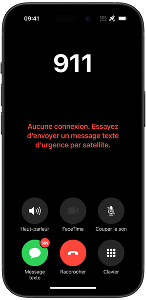 iPhone affichant le message « Aucune connexion. Essayez d’envoyer un message texte d’urgence par satellite. »