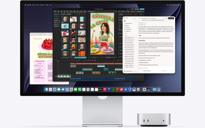 Face avant d’un Mac mini, sous un Studio Display, l’écran affiche Perplexity Personal Computer, CapCut et Pages dans l’environnement macOS