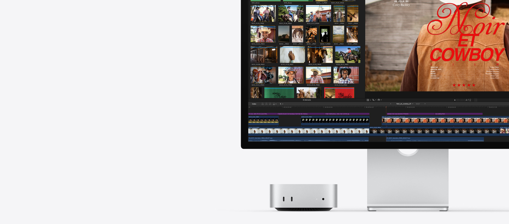 Mac mini relié à un Studio Display, l’écran affiche le titre d’un film intitulé Noir et Cowboy à droite, et plusieurs images à gauche