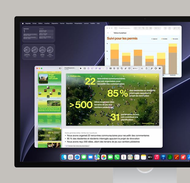 Écran macOS affichant une présentation Keynote, un graphique, l’app Calendrier ouverte et des apps dans le Dock