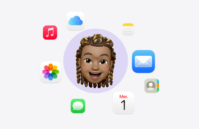 Émoji d’un visage souriant entouré d’icônes d’apps : Musique, iCloud Drive, Notes, Mail, Contacts, Calendrier, Messages et Photos