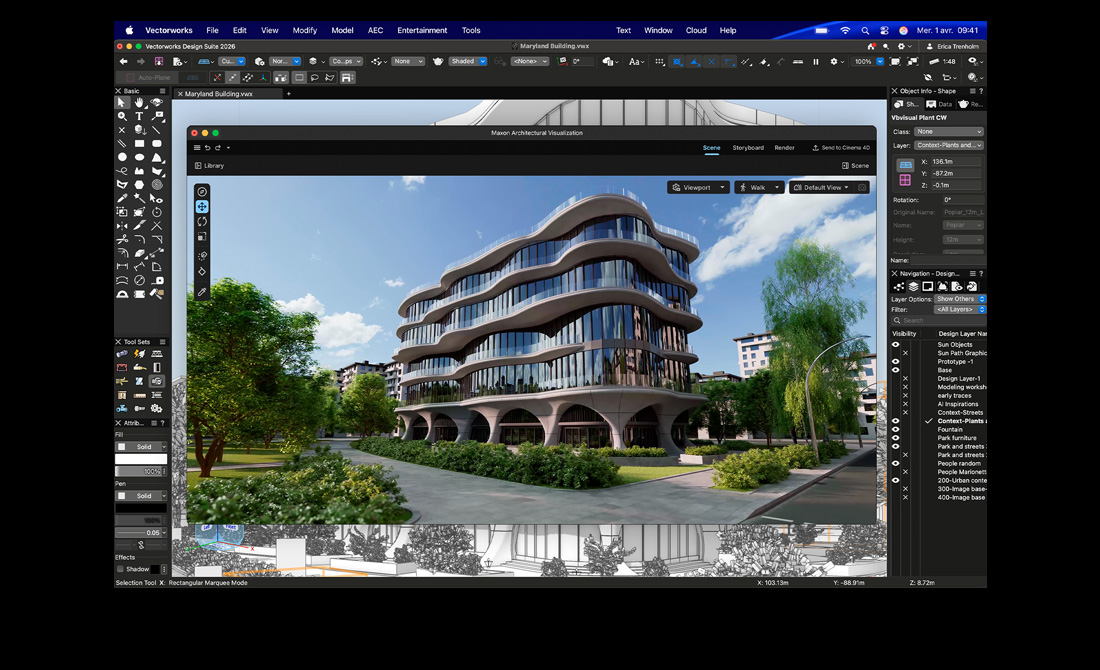 Écran de MacBook Pro affichant Vectorworks Design Suite avec Maxon Redshift