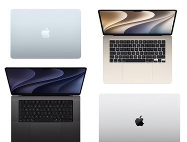 Quatre Mac de différents modèles, formats et couleurs, illustrant les options de personnalisation