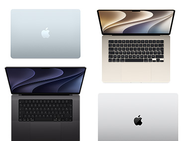 Quatre Mac de différents modèles, formats et couleurs, illustrant les options de personnalisation