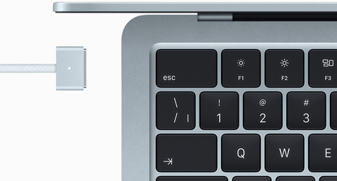 MacBook Air in Sky Blue colour with colour-matched MagSafe cable