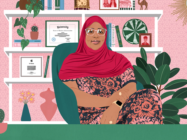 Illustriertes Porträt von Amina, die selbstbewusst zu den Leser:innen lächelt.