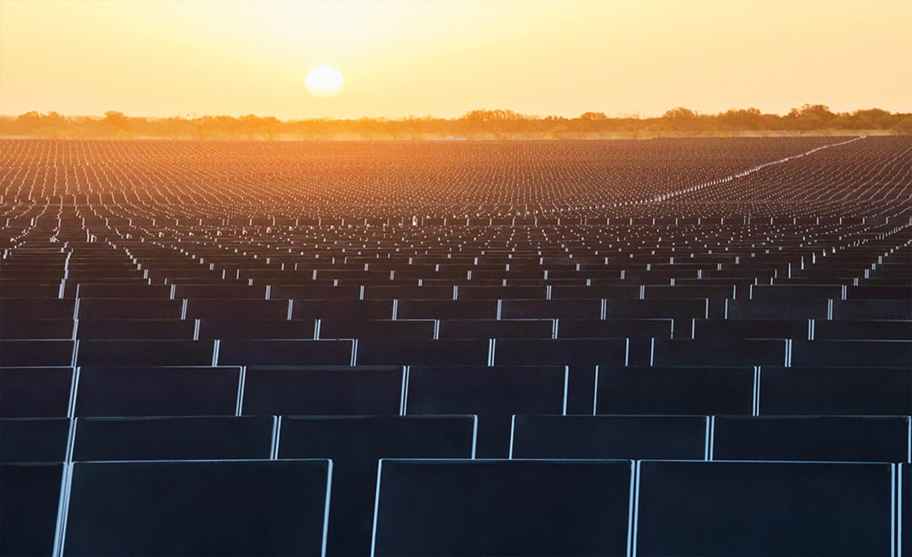 Cientos de paneles solares en un paisaje al atardecer.
