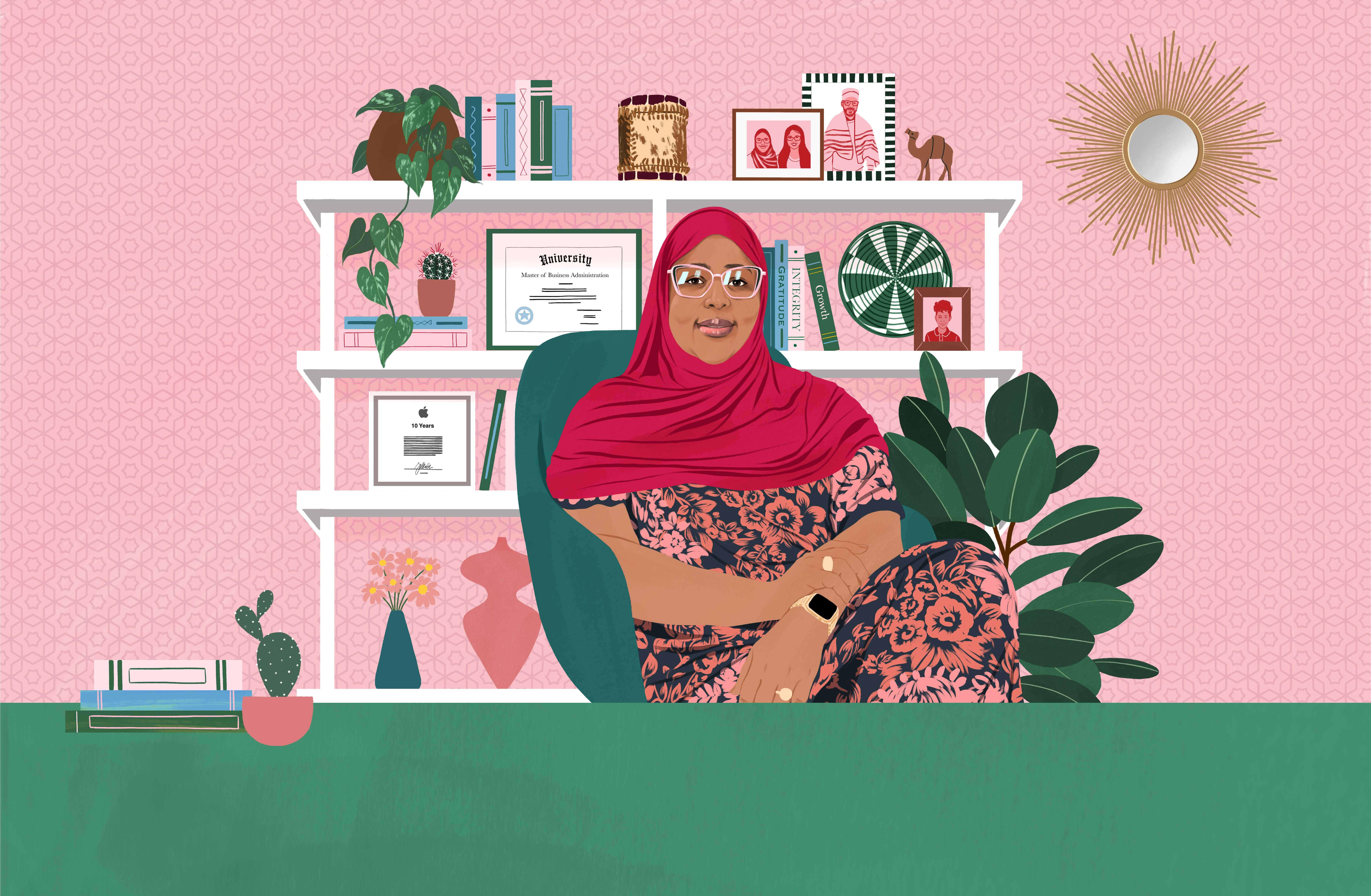 Portrait dessiné d’Amina souriant avec confiance. Derrière elle se trouvent des étagères avec des livres, des photos de famille et des diplômes.