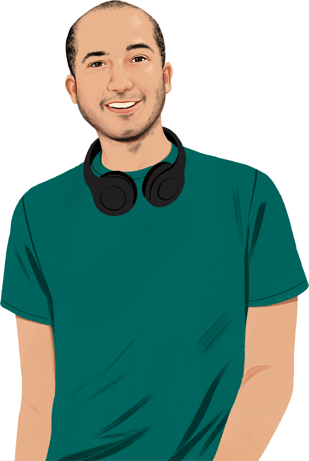 Illustratie van een glimlachende Chris. Hij draagt een koptelefoon om zijn nek en kijkt de lezer aan. Er verschijnt een geïllustreerde iPhone in beeld die zichtbare geluidsgolven uitstraalt.