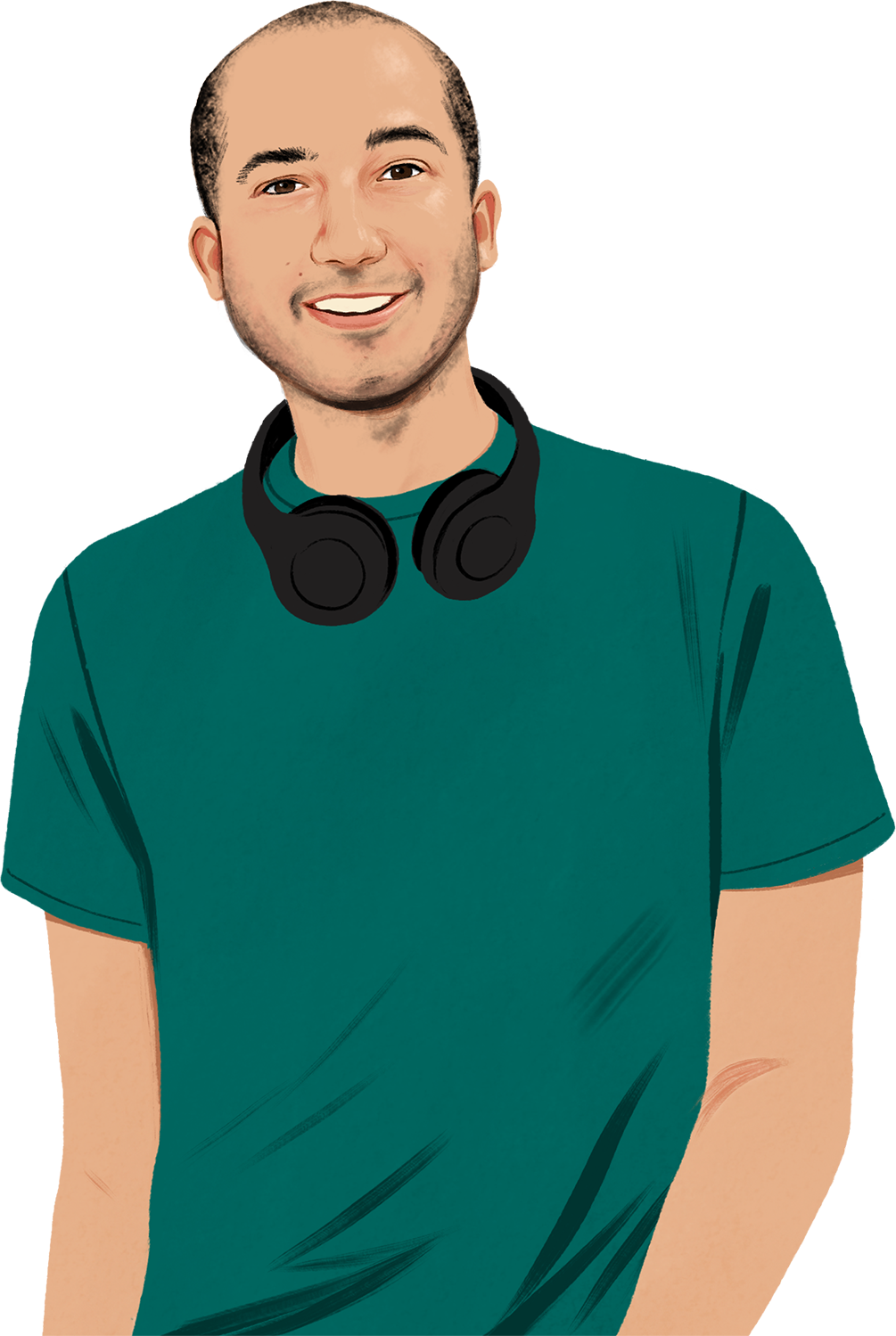 Retrato ilustrado do Chris a sorrir, com auscultadores à volta do pescoço e a olhar para o leitor; surge um iPhone ilustrado, a emitir ondas sonoras visíveis.