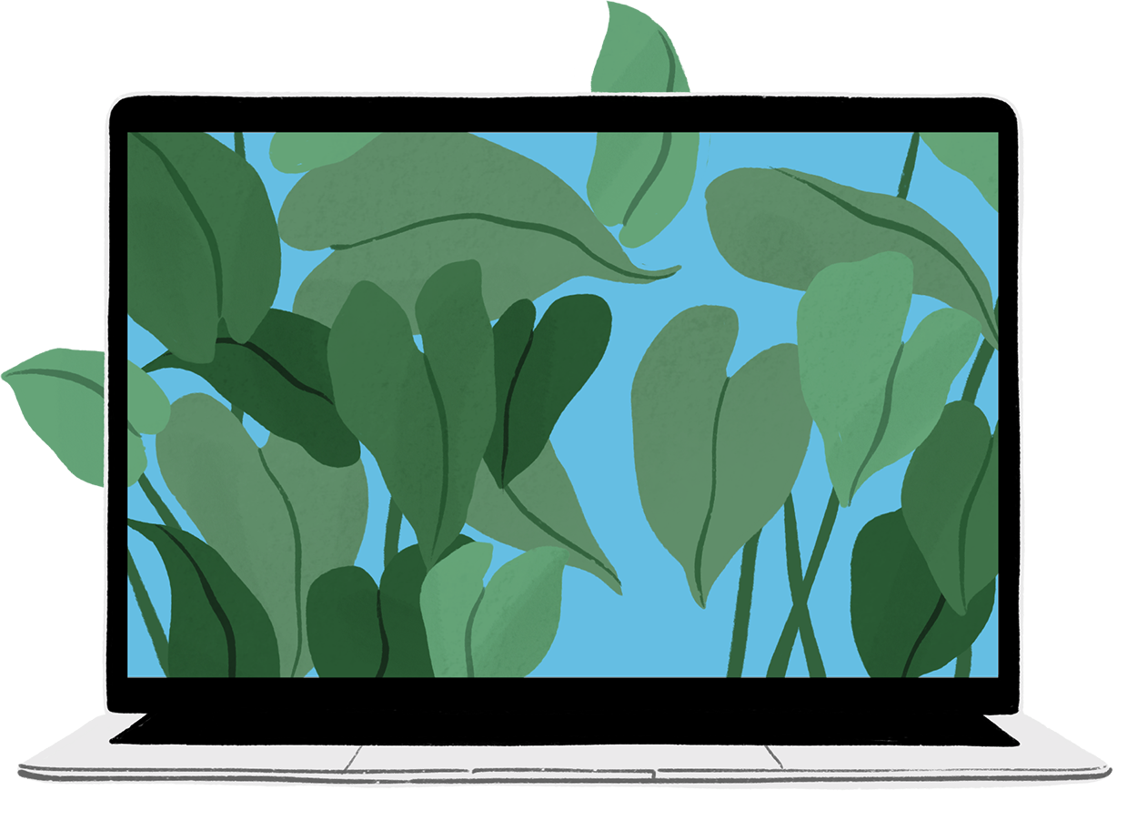 Aynı portreye, ekranından yeşil yapraklar çıkan bir MacBook Air kasasının illüstrasyonu ekleniyor.