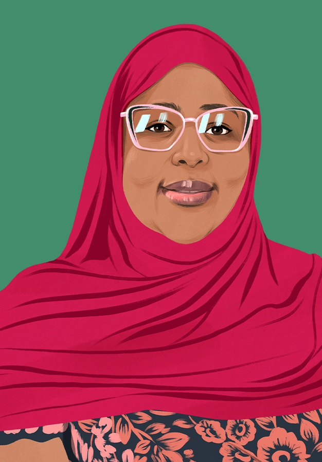 Ilustrowany portret Aminy, która uśmiecha się pewnie i kieruje wzrok w stronę czytających.