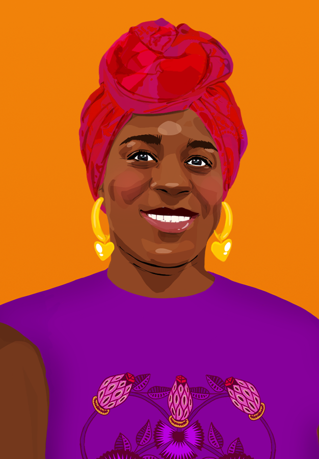 Illustrated portrait of Cynthia smiling, looking at the reader.