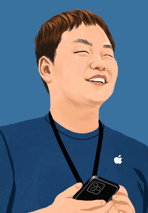 ภาพวาดเหมือนของ William กำลังยิ้มอยู่ใน Apple Store