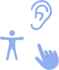Tre Apple Accessibility-symboler som representerarar hjälpmedel, hörapparater och pekhjälpmedel.