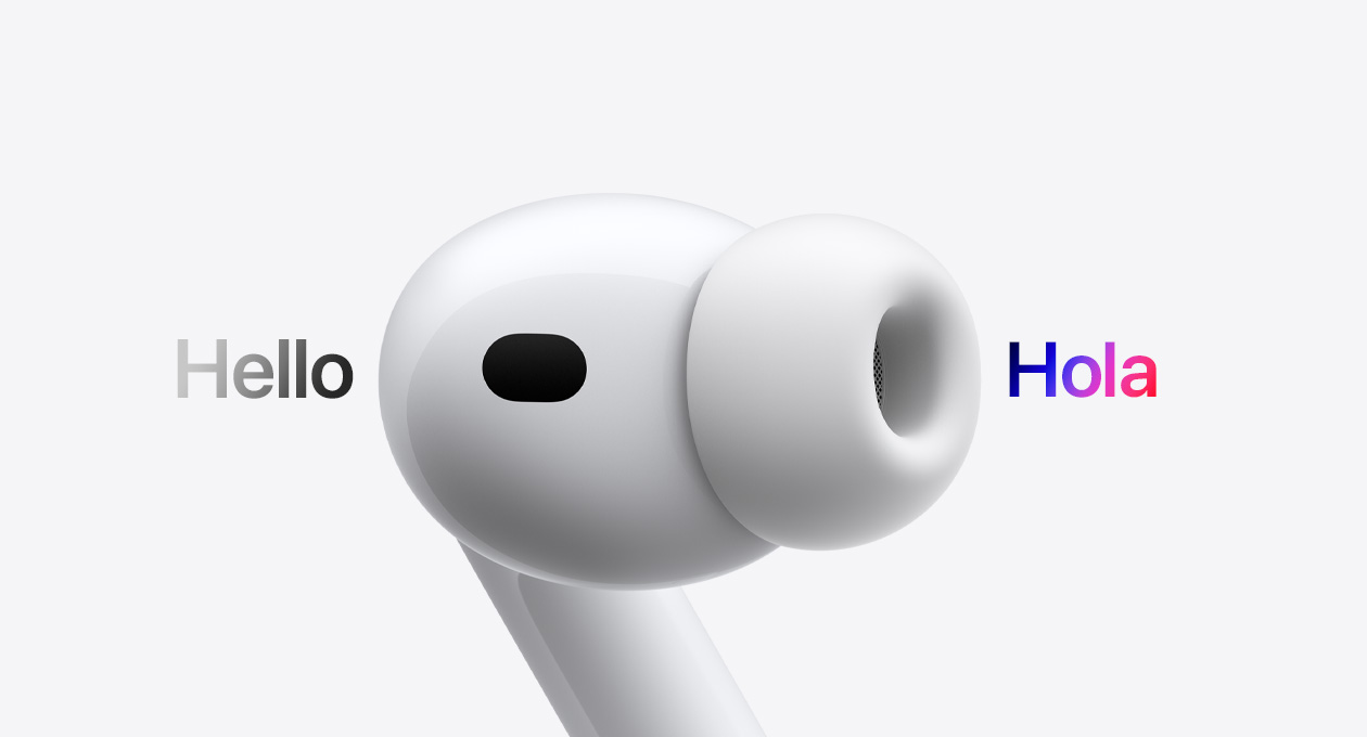 AirPods Pro 3, audífono con almohadilla de silicona, Traducción en Vivo cambia los caracteres en inglés que dicen &quot;hello" a un texto en español que dice "hola"