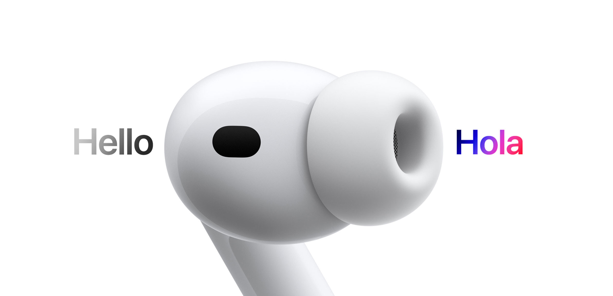 AirPods Pro 3, audífono con almohadilla de silicona, Traducción en Vivo cambia los caracteres en inglés que dicen &quot;hello" a un texto en español que dice "hola"