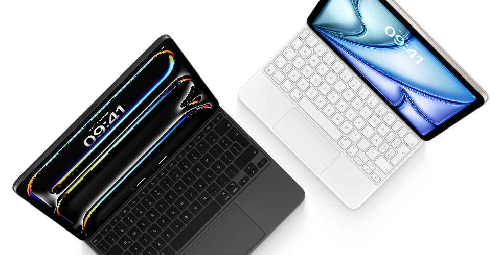 Imagen desde arriba de un iPad Pro conectado a un Magic Keyboard para el iPad Pro en color negro y un iPad Air conectado a un Magic Keyboard en color blanco.