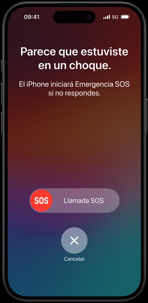 The Crash Detection screen saying "It looks like you've been in a crash. iPhone will trigger Emergency SOS if you don't respond"