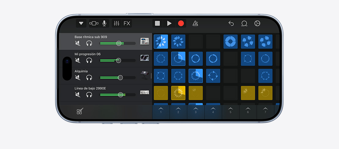 iPhone 18 Pro, color glaciar, parte frontal en posición horizontal, Garage Band en uso