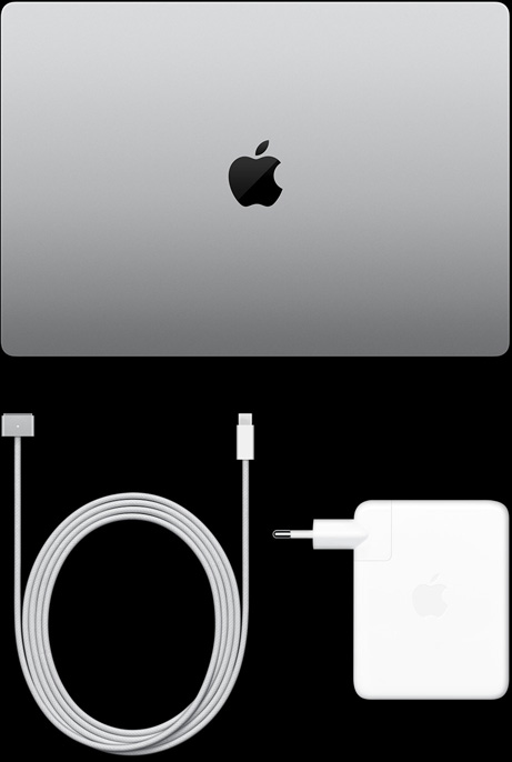 MacBook Pro con pantalla PROLED XDR, color plata, parte superior, cerrado, cable de carga USB-C y adaptador de corriente