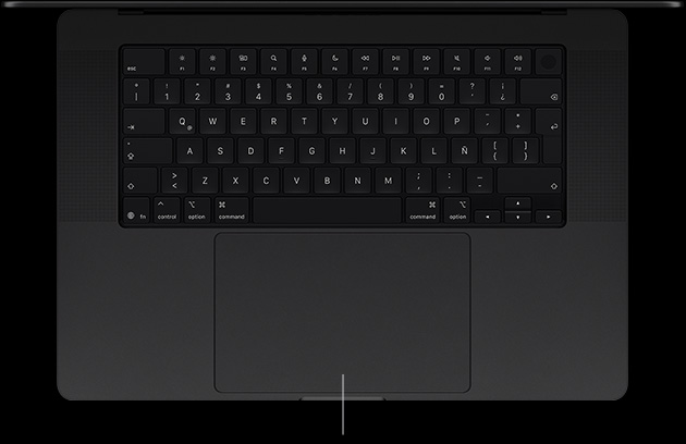 MacBook Pro con pantalla PROLED XDR, color negro espacial, abierto, se muestra el teclado y el trackpad Force&nbsp;Touch