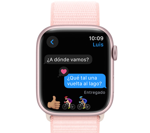 Vista frontal de un Apple Watch con un mensaje de texto.