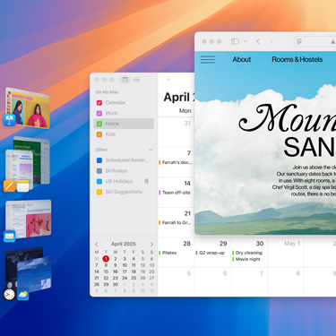 Se muestra una pantalla con varias ventanas y apps, como Keynote, Pages, Mail y un sitio web con contenido sobre un lugar de relajación.