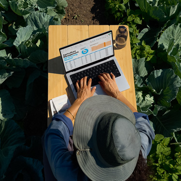 Vista panorámica de una mujer con un sombrero de ala ancha que está trabajando en una presentación de negocios en un MacBook, sentada en una mesa en un jardín.