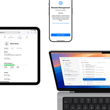 Un iPad, un iPhone y un MacBook muestran varios componentes de Apple Business Manager.