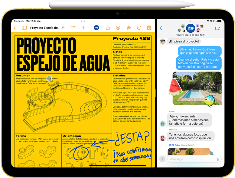 Pantalla de un iPad con Pages y Mensajes en Split View