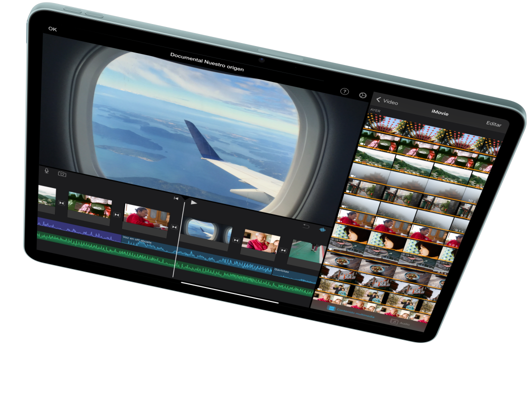 iPad Air en posición horizontal, la pantalla muestra una edición de video en iMovie
