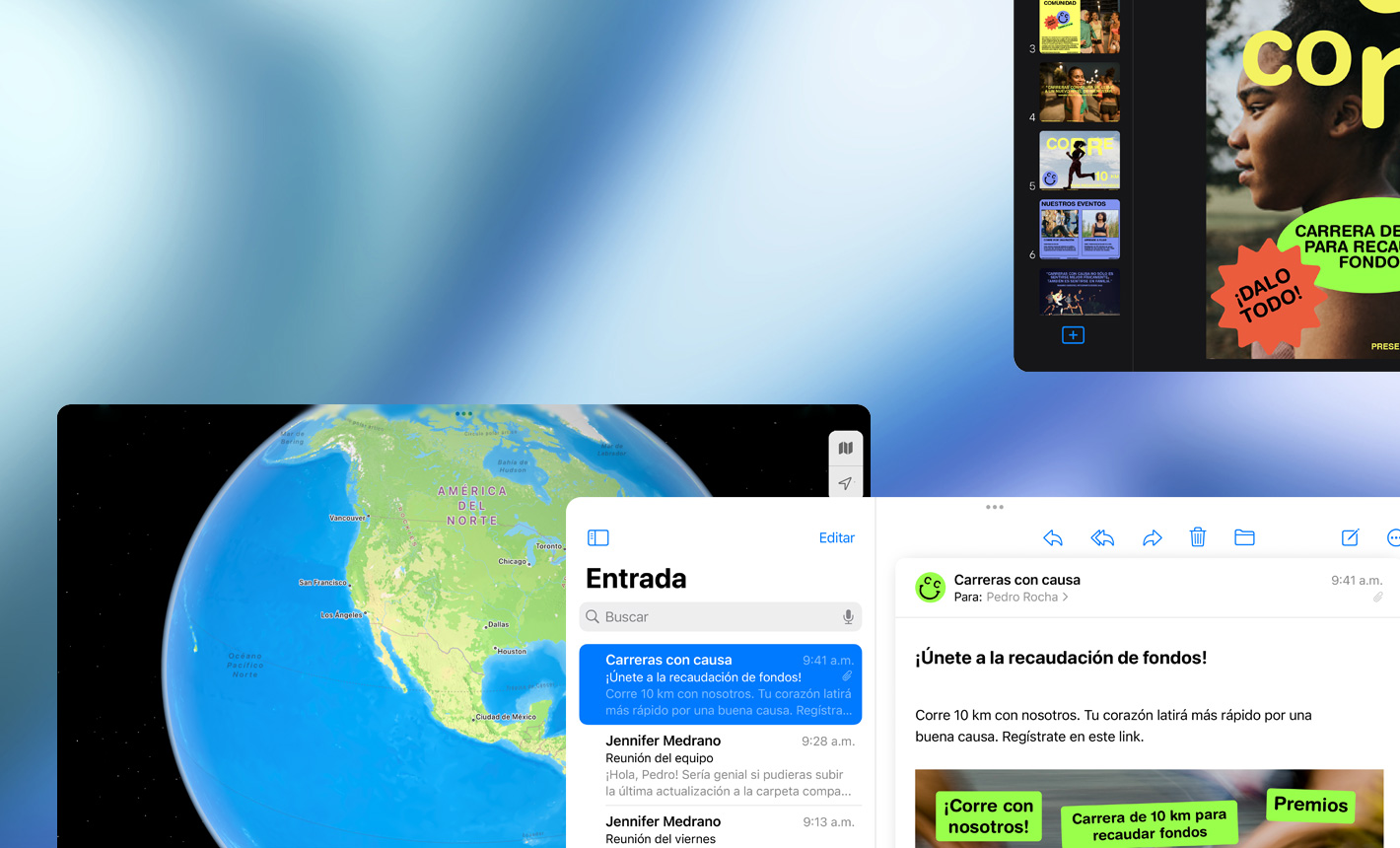 Varias pantallas en posición horizontal que muestran diferentes apps