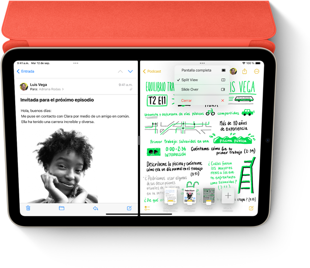 Split View de un mensaje de Mail y una nota escrita a mano en la app Notas en el iPad con el Smart Folio y el Apple Pencil