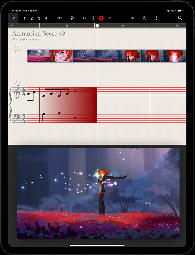 Posición vertical, iPad Pro, la mitad inferior muestra una animación, la mitad superior muestra que se está componiendo la banda sonora que acompañará la animación