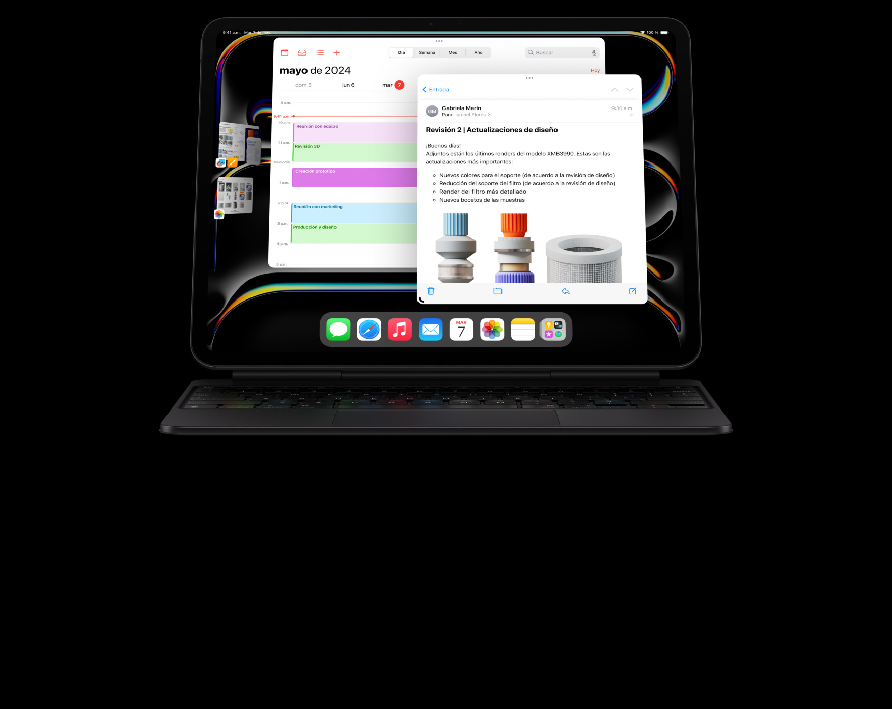 Un iPad Pro en posición horizontal conectado a un Magic Keyboard, alguien trabaja con varias apps abiertas al mismo tiempo