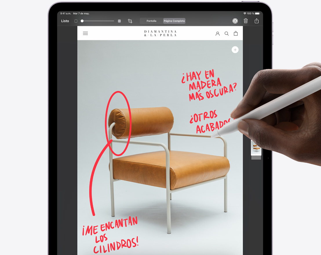 An Apple Pencil Pro marking up a Safari screenshot on an iPad Pro.
