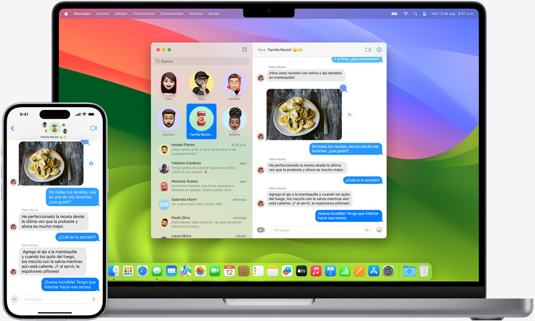 Un iPhone y un MacBook muestran la misma conversación de iMessage.