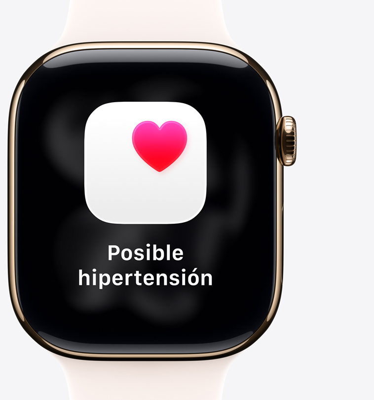 Apple Watch Series 11, caja de aluminio, color oro rosa, notificación de posible hipertensión, corazón rosa en un recuadro blanco, parte lateral derecha, Digital Crown, correa deportiva rosa rubor