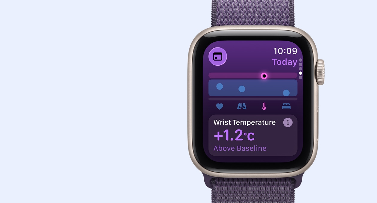 Apple&amp;nbsp;Watch SE 3, hliníkové pouzdro, hvězdně bílá barva, ukazatel teploty zápěstí, na pravém boku korunka Digital Crown, provlékací sportovní řemínek, mlžně fialová barva.