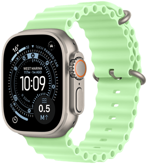 Apple Watch Ultra 3, přírodní barva, titanové pouzdro, ciferník Orientační běh, na pravém boku korunka Digital Crown, mikrofon, boční tlačítko, Oceánský řemínek, neonově zelená barva