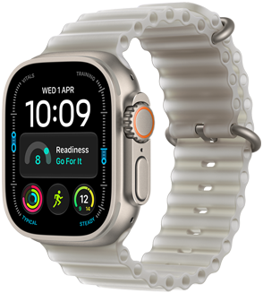 Apple Watch Ultra 4, pouzdro z přírodního titanu, digitální ciferník, komplikace: den a datum, připravenost, tepová frekvence, Cvičení, teplota, na pravém boku korunka Digital Crown, vyvýšené boční tlačítko, průsvitně šedý Oceánský řemínek
