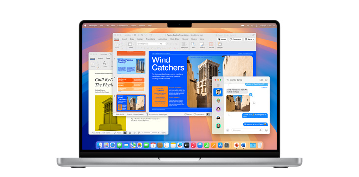 Ukázka aplikací jako Microsoft PowerPoint a Zprávy na MacBooku Pro M4.